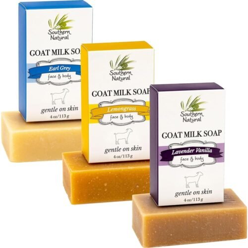 Southern Natural Goat Milk Soap Bar (Variety 3 Pack) Lavender Vanilla, Lemongrass, Earl Grey - For Dry Sensitive Skin. Handmade Natural Soap For Face & Body.(Each Bar 4-4.5 oz)