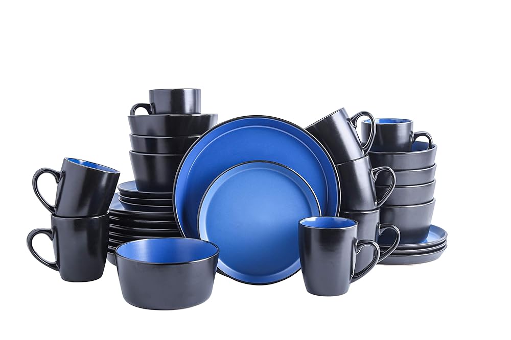 Stone Lain Albie Stoneware 32-Piece Modern Dinnerware Set, Kitchen Plates and Bowls Sets, Dish Set for 8, Blue and Black