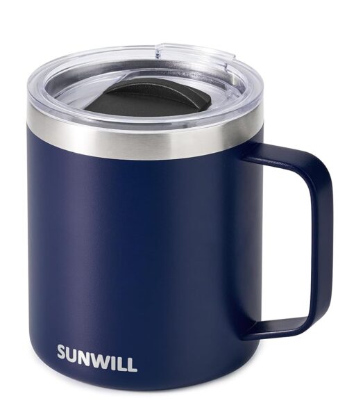 SUNWILL 14 oz Coffee Mug, Vacuum Insulated Camping Mug with Lid, Double Wall Stainless Steel Travel Tumbler Cup, Coffee Thermos Outdoor, Powder Coated Navy Blue
