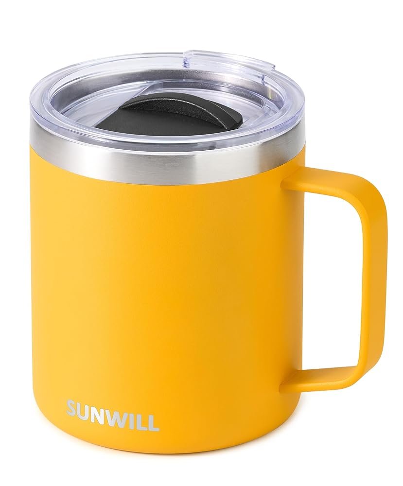 SUNWILL Insulated Coffee Mug with Handle, 14oz Stainless Steel Togo Coffee Travel Mug, Reusable and Durable Double Wall Coffee Cup, Powder Coated Yellow