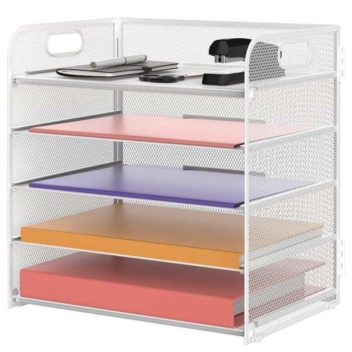 Supeasy 5 Trays Paper Organizer Letter Tray with Handle-Mesh Desk File Organizer White Paper Sorter Desk Organizer for Office, Home or School