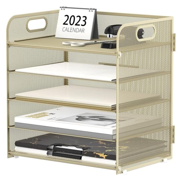 Supeasy 5 Trays Paper Organizer Letter Tray with Handle-Mesh Desk File Organizer,Pink Paper Sorter Desk Organizer for Office, Home or School (Gold Yellow)