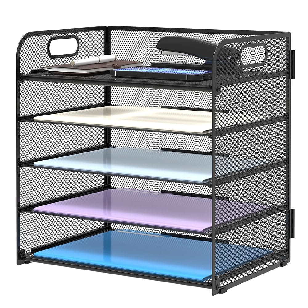 Supeasy 5 Trays Paper Organizer with Handle – Mesh Desk File/Letter Organizer,Black Paper Sorter for Office, Home or School