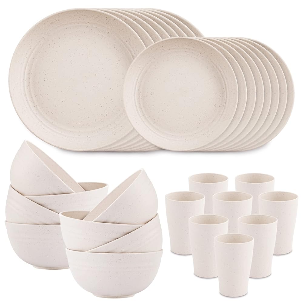 Supernal Wheat Straw Dinnerware Sets for 8,Microwave Dishwasher Safe,Unbreakable Dinnerware,Reusable Tableware Set,Beige Set 16pcs Plates, 8pcs Bowls, 8pcs Cups.