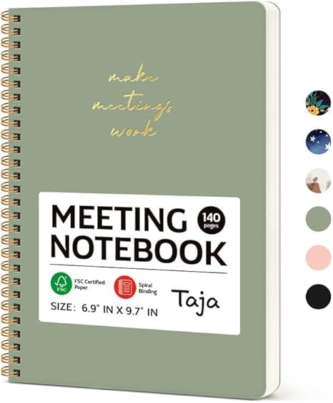Taja Meeting Notebook for Work Organization – Work notebook with action items, Meeting Minutes Planner Notebook, Perfect Office Supplies for Men & Women – Green