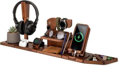 TESLYAR Gifts for Men Multifunctional Modular Wooden Desk Organizer Wood Phone Docking Station Xmas Gifts for Dad Husband Anniversary Nightstand Key Holder Wallet Stand...