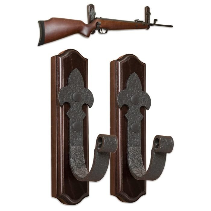 TESLYAR Gun Rack Wall Mount Hold Up Displays Horizontal Gun Rack and Shotgun Hooks Store Rifle Shotgun Bow Real Hardwood Hanger