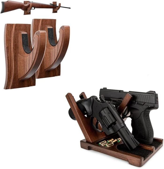 TESLYAR Wave Gun Rack Wall Mount & Wood Pistol Rack 2 Handguns or Revolvers