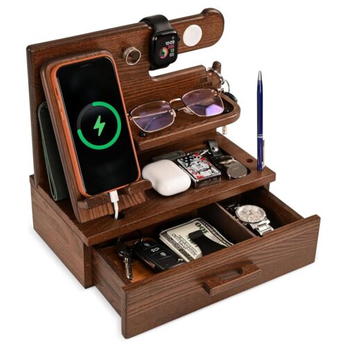 TESLYAR Wood Phone Docking Station with Drawer - Nightstand organizer- Desk Organizer for Husband - Birthday gifts for Men or Dad - Idea for Anniversary - Key Holder Stand Watch...
