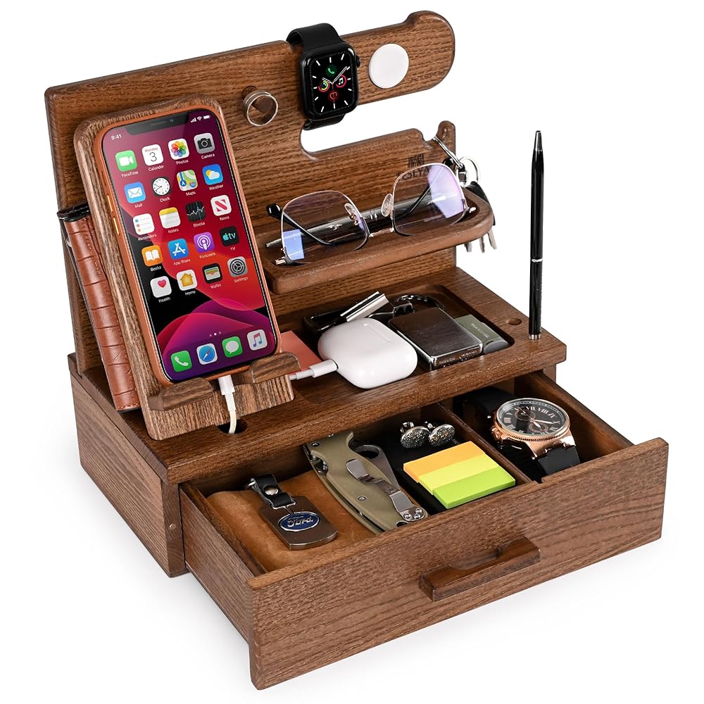 TESLYAR Wood Phone Docking Station with Drawer – Nightstand Organizer- Desk Organizer for Husband – Birthday Gifts for Men or Dad – Idea for Anniversary – Key Holder Stand Watch…
