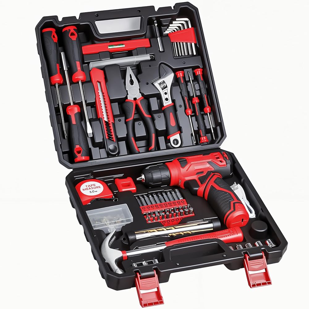 Tool Set – Tool Kit with 8V Cordless Drill, 132 Piece Tool Box with Drill, Home Tool Kits for Men & Women, Hand Drill Set Perfect for Homeowner, Diyer, Handyman – Red