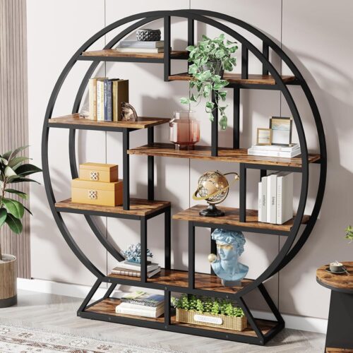 Tribesigns Bookshelf, Round Bookshelves Etagere Bookcase, 63 Inch Industrial Wood Book Shelf with Staggered Shelves, Rustic Open Shelving Organizer Rack Display Shelf for Home...