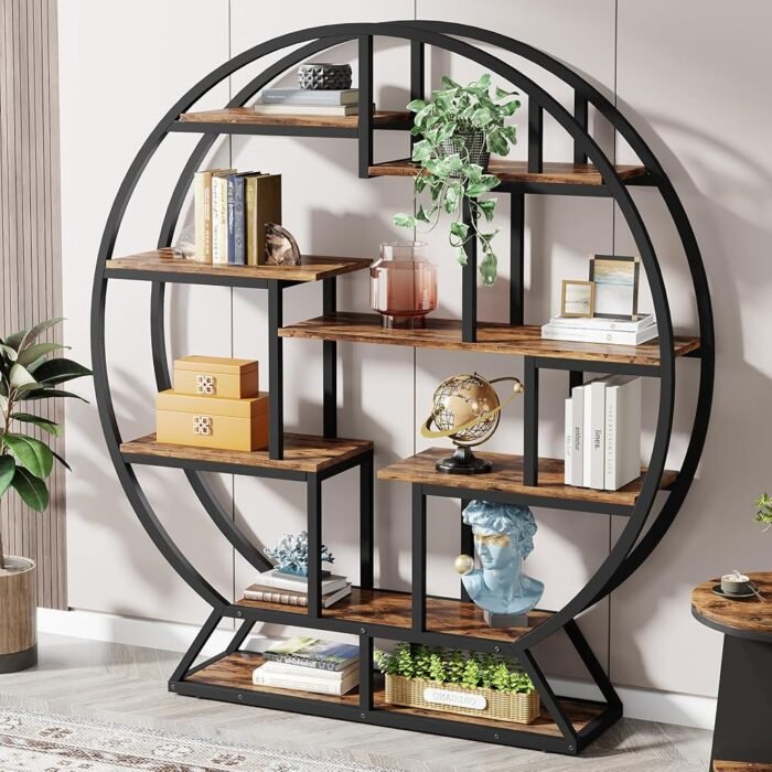 Tribesigns Bookshelf, Round Bookshelves Etagere Bookcase, 63 Inch Industrial Wood Book Shelf with Staggered Shelves, Rustic Open Shelving Organizer Rack Display Shelf for Home...