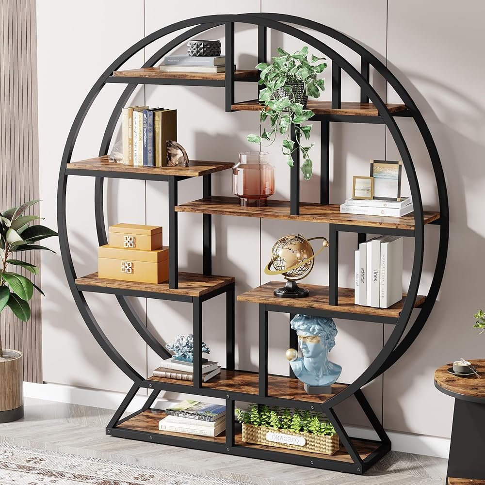 Tribesigns Bookshelf, Round Bookshelves Etagere Bookcase, 63 Inch Industrial Wood Book Shelf with Staggered Shelves, Rustic Open Shelving Organizer Rack Display Shelf for Home…