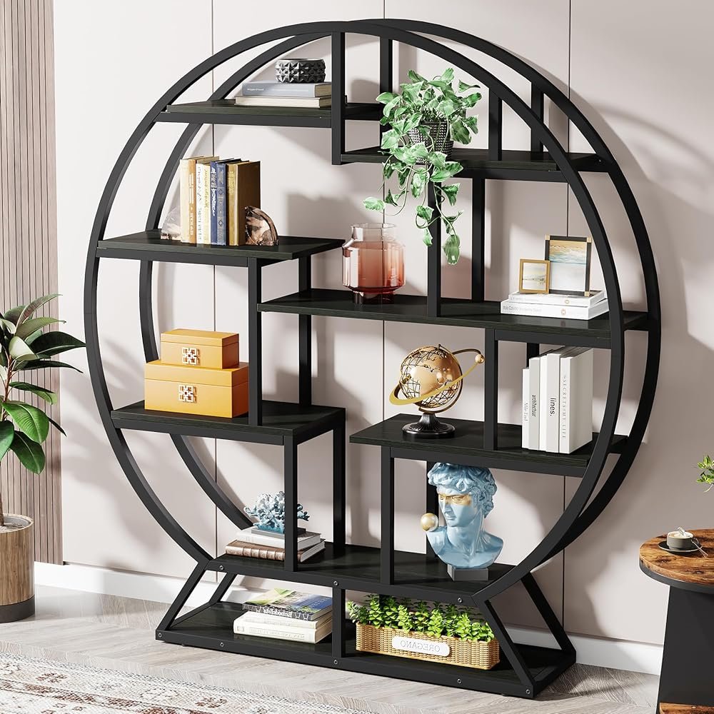 Tribesigns Bookshelf, Round Bookshelves Etagere Bookcase, 63″ Industrial Wood Book Shelf with Staggered Shelves, Rustic Open Shelving Organizer Rack Display Shelf for Home…