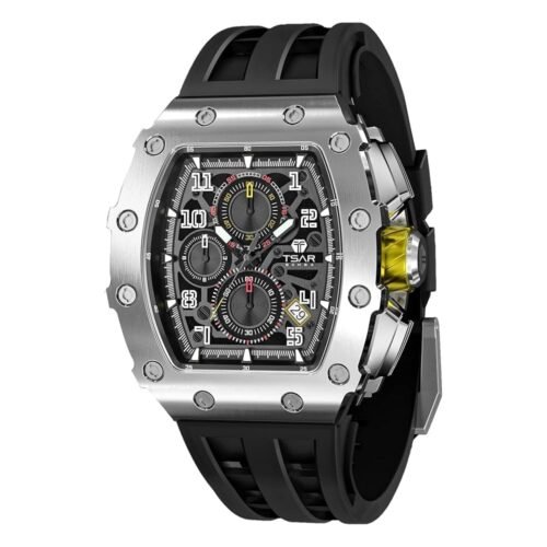 TSAR BOMBA Watch for Men, 50M Waterproof Mens Watches, Luxury Tonneau Watch with Silicone Watch Bands, Japanese Quartz Movement Chronograph, Gifts for Men
