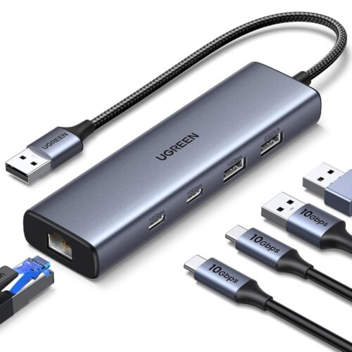 UGREEN USB to Ethernet Adapter, 5 in 1 USB Hub with Ethernet with 2* USB-C 3.2 (10Gbps) + 1*USB-A 3.2/1*USB-A 2.0/Gigabit RJ45, USB to Network LAN Internet Dongle for Laptop,...