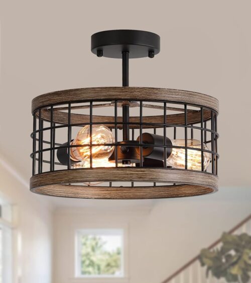 UL Listed Rustic Semi Flush Mount Ceiling Light,Farmhouse Drum Light Fixtures for Laundry Room Hallway Foyer Entryway Kitchen Island Dining Room 3-Lights Black and Retro Wood...