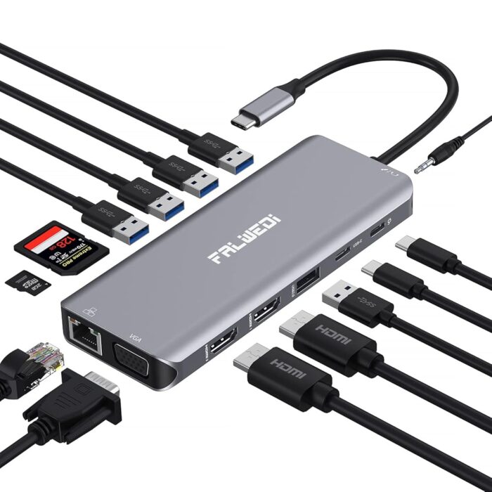 USB C Laptop Docking Station, 14 in 1 Type C Hub Multiport Adapter Dongle with 3 Monitors, Dual HDMI, VGA, PD, Ethernet, SD/TF, USB C/A Ports, Mic/Audio, Compatible for...