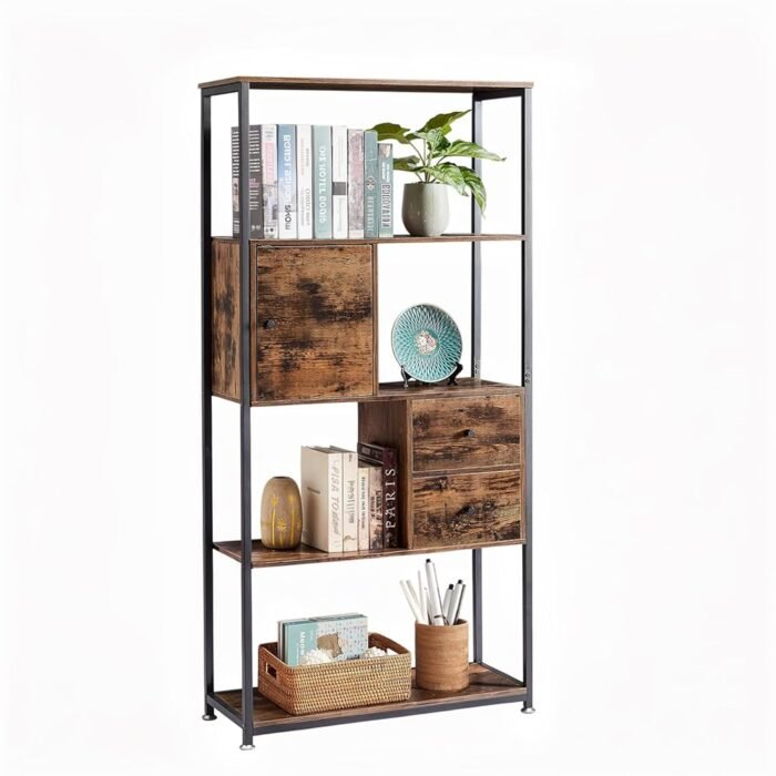 VECELO 5 Tier Bookcase,Open Book Shelf with Middle Drawers Storage Organizer for Living Room,Home Office