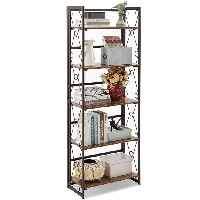 VECELO Folding Bookshelf, 5-Tier Bookcase Easy Assembly, Industrial Tall Book Shelf Storage Organizer for Living Room/Home Office,Antique Brown,1 Set