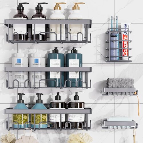 Veken Adhesive Shower Caddy 6-Pack,Heavy Weight Bearing,Large Wall Mounted Shower Shelves Rack,Organizer Storage Accessories with Soap Dish&Toothbrush Holder,Ideal for...