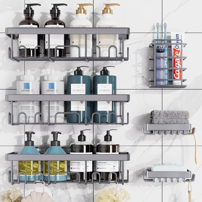 Veken Adhesive Shower Caddy 6-Pack,Heavy Weight Bearing,Large Wall Mounted Shower Shelves Rack,Organizer Storage Accessories with Soap Dish&Toothbrush Holder,Ideal for...