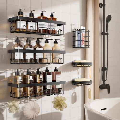 Veken Adhesive Shower Caddy 6-Pack, Large Capacity Bathroom Organizers and Storage, Rustproof Shelves Rack with Soap Holder, No Drilling Wall-Mounted Kitchen & Home Decor, Bath...