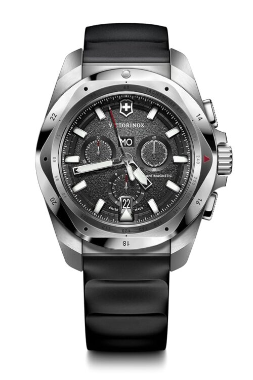 Victorinox I.N.O.X. Chrono 43mm Mens Watch - Silver Stainless Steel Case, Black Dial, and Black Rubber Strap