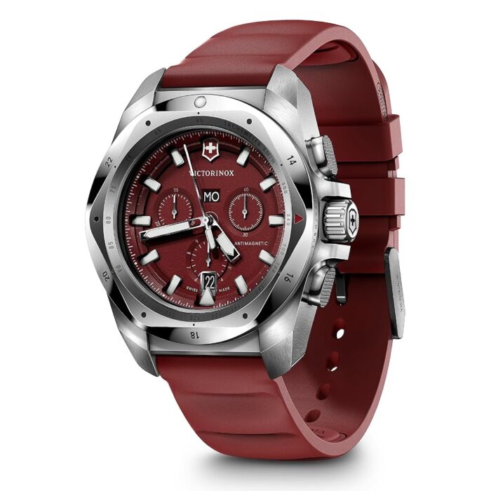 Victorinox I.N.O.X. Chrono 43mm Mens Watch - Silver Stainless Steel Case, Red Dial, and Red Rubber Strap
