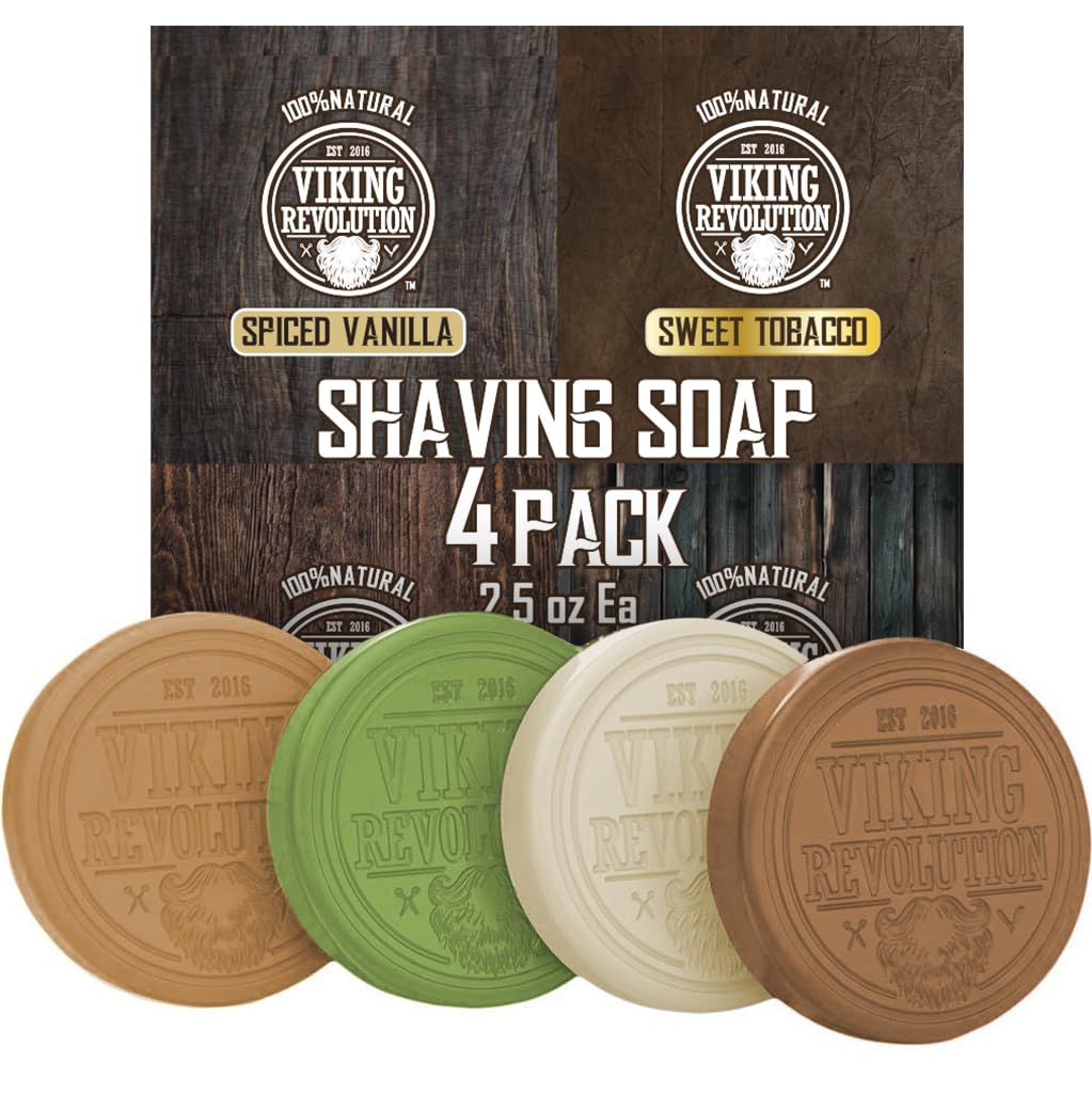 Viking Revolution Shaving Soap for Men - Shave Soap for Use with Shaving Brush and Bowl for Smoothest Wet Shave, Shaving Soap Puck - 4 Pack Variety, Each Pack 2.5oz (Vanilla,...