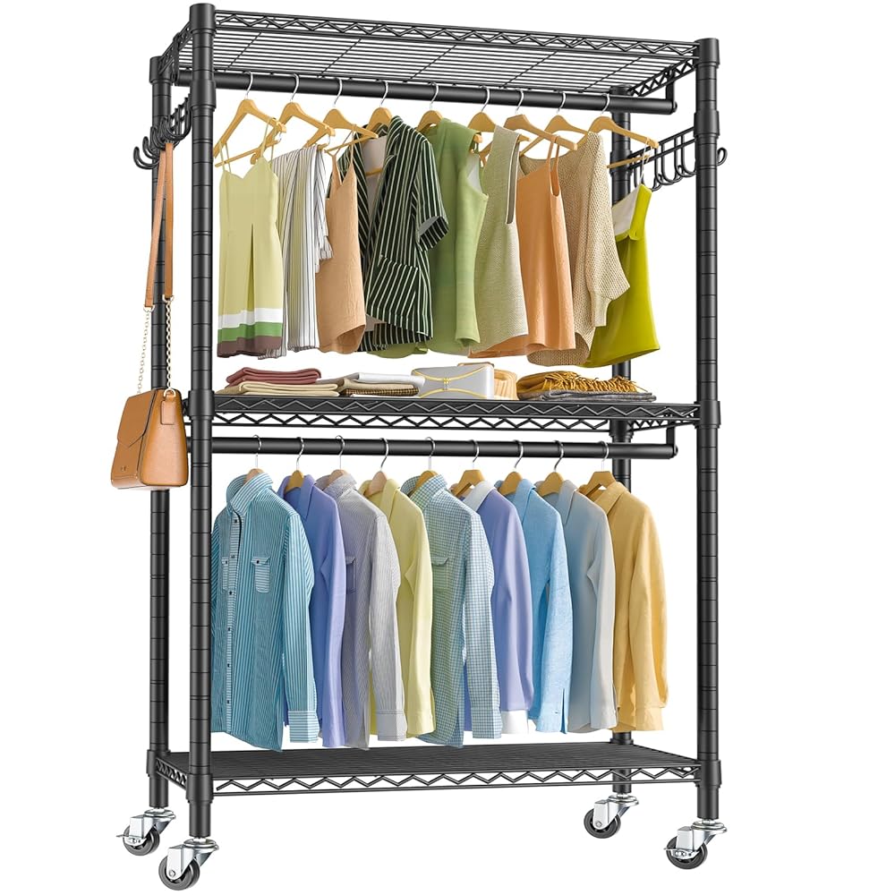 VIPEK R2 Plus Heavy Duty Rolling Garment Rack 3 Tiers Adjustable Wire Shelving Clothes Rack with Double Rods and Side Hooks, Freestanding Wardrobe Storage Rack Metal Clothing…