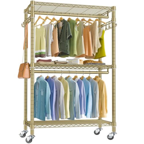 VIPEK R2 Plus Rolling Clothes Rack for Hanging Clothes Heavy Duty Garment Rack 3 Tiers Adjustable Wire Shelving Clothing Rack with Double Hanging Rods, Closet Organizers and...