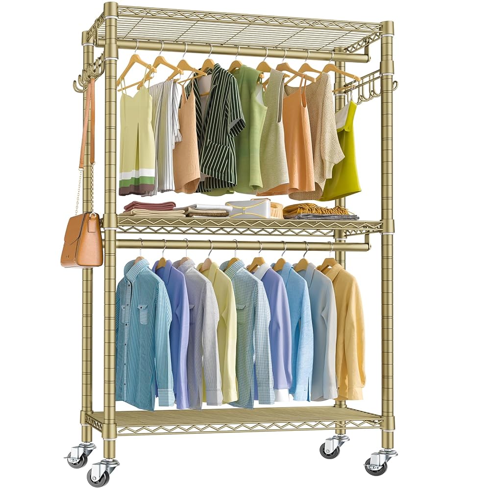VIPEK R2 Plus Rolling Clothes Rack for Hanging Clothes Heavy Duty Garment Rack 3 Tiers Adjustable Wire Shelving Clothing Rack with Double Hanging Rods, Closet Organizers and…