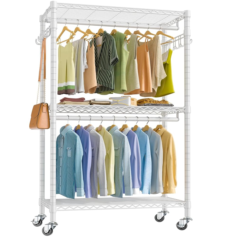 VIPEK R2 Plus Rolling Garment Rack 3 Tiers Adjustable Wire Shelving Clothes Rack with Wheels, Freestanding Wardrobe Storage Rack Heavy Duty Metal Clothing Rack for Hanging…