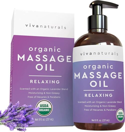 Viva Naturals Organic Massage Oil (8 fl. oz.) - Lavender Scented Relaxing Body Massage Oil for Massage Therapy - Perfect for Home Use & Professional Massages - Non-Greasy and...