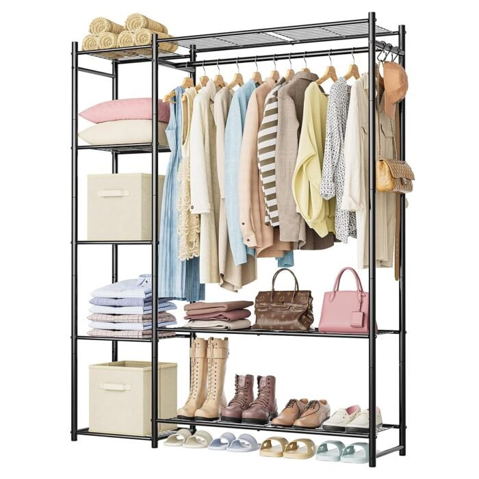 Wardrobe Closet,Portable Clothes Rack with 4 Tiers Shelves,Freestanding Closet Organizers and Storage System with Hanging Rods,Steel Clothing Rack Suitable for...