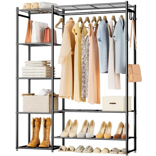 Wardrobe Closet, Portable Clothing Rack for Hanging Clothes, Free Standing Closet Organizers and Storage System with 4 Tiers Shelves for Cloakroom Bedroom, Black