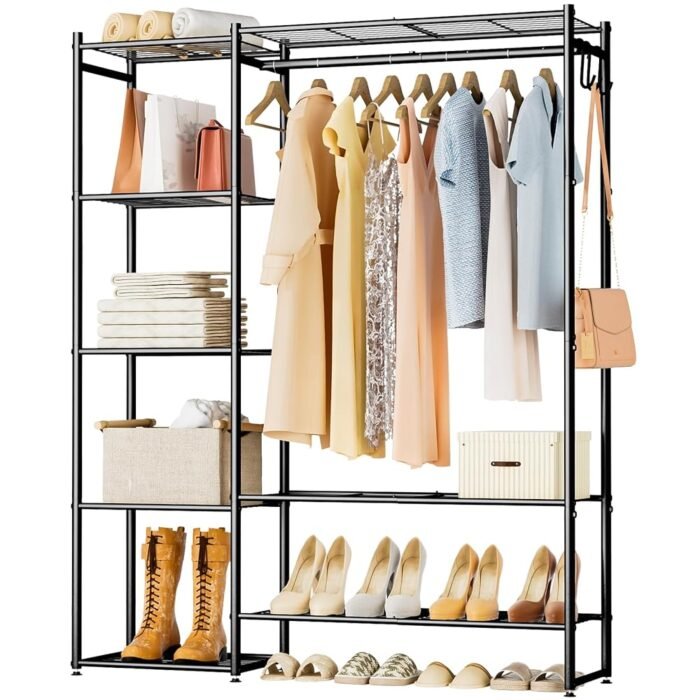Wardrobe Closet, Portable Clothing Rack for Hanging Clothes, Free Standing Closet Organizers and Storage System with 4 Tiers Shelves for Cloakroom Bedroom, Black