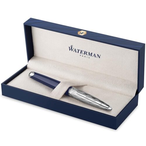 Waterman Carene Fountain Pen | Metal & Blue Lacquer | Chiselled Cap | 18K Gold Fine Nib | Blue Ink | Gift Box