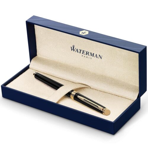 Waterman Hémisphère Fountain Pen, Black with Gold Trim, Medium Nib, Blue Ink, Gift Box