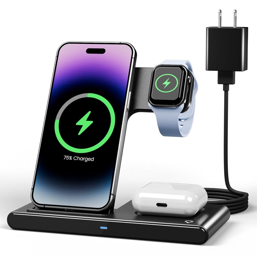 Wireless Charger iPhone Charging Station: 3 in 1 Charger Stand Multiple Devices for Apple – iPhone 16 15 14 Pro Max 13 12 11 – Watch 10 9 8 7 6 5 4 3 2 SE and Ultra Series -…