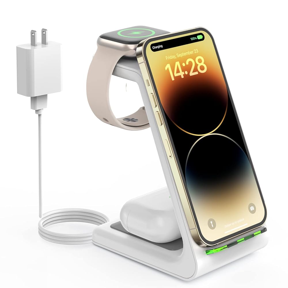 Wireless Charging Station for Apple – 3 in 1 Wireless Charger Stand Dock Watch and Phone Charger Station for Apple Watch 8/7/SE/6/5/4/3/2, iPhone 16 15-12 Pro Max SE XS X,…
