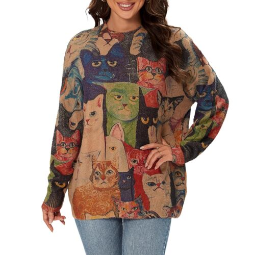 Womens Christmas Sweater Graphic Oversized Pullover Sweaters Casual Loose Long Sleeve Knit Sweater for Women