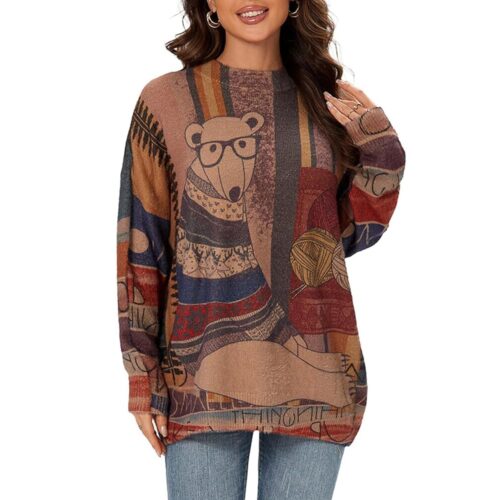 Womens Christmas Sweater Graphic Oversized Pullover Sweaters Casual Loose Long Sleeve Knit Sweater for Women