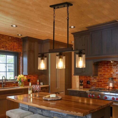 Wood Island Light for Kitchen/Restaurant,3-Light Farmhouse Dining Room Fixture/Chandelier Over Table/Bar,Matte Black Industrial Linear Pendant Lighting Fixtures Ceiling Hanging...