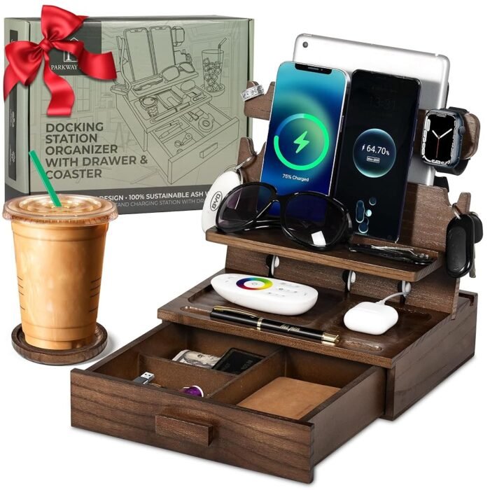 Wood Phone Docking Station for up to 3 Phones - Nightstand Organizer with Drawer for Valuables for Men & Women, Compatible with Apple Watch, Holds Phones, Tablets, Keys, Rings,...
