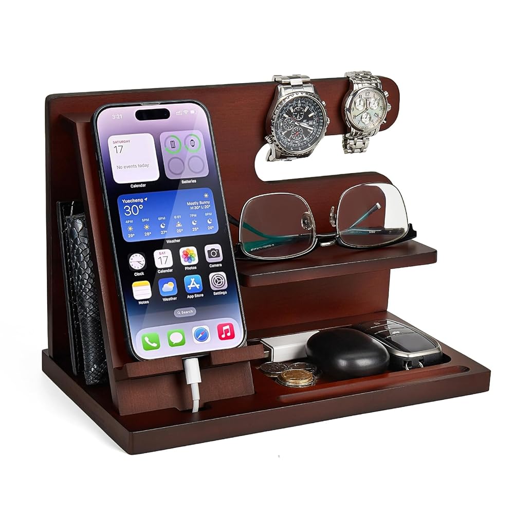 Wood Phone Docking Station Key Holder Stand Watch Organizer Men Gift Husband Wife Anniversary Dad Birthday Nightstand Purse Father Graduation Male Travel Idea Gadgets
