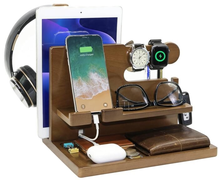 Wooden Phone Docking Station for Men - Nightstand Organizer with Key Holder, Wallet Stand, Watch Organizer and Headphone Holder - Anniversary Birthday Mens Gifts Idea for Dad...