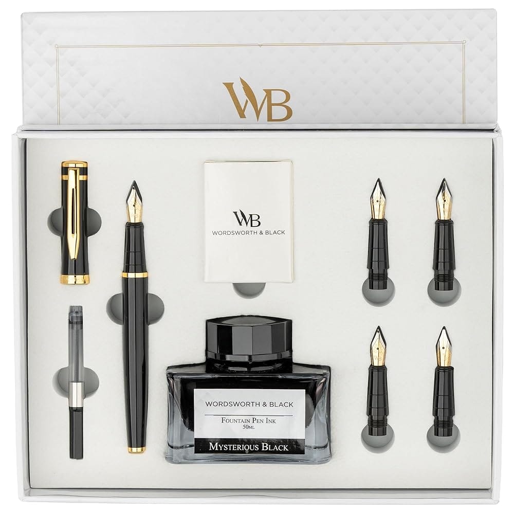 Wordsworth & Black Fountain Pen Gift Set, Includes Ink Bottle, 6 Ink Cartridges, Ink Refill Converter, 4 Replacement Nibs, Premium Package, Journaling, Calligraphy, Smooth…